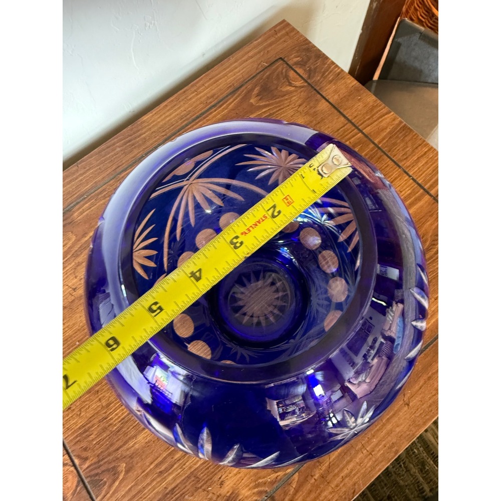 Cobalt Blue Cut to Clear Glass Rose Bowl Vase Star Fan Round Orb Bohemian 6.5" - Picture 11 of 11